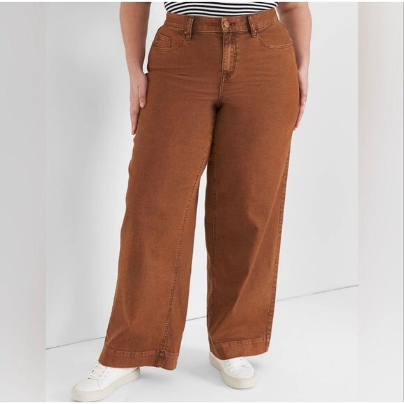 Lane Bryant Signature Fit Wide Leg Brown Jean Plus Sz 20 Mid Rise Fall Natural - Picture 1 of 11